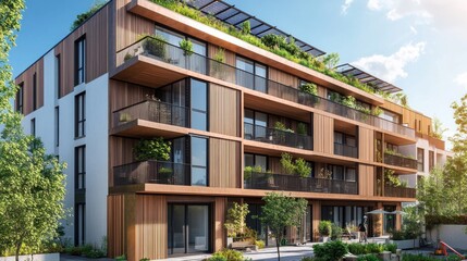 Obraz premium Modern residential building with wooden facade and green balconies in a sunny environment.