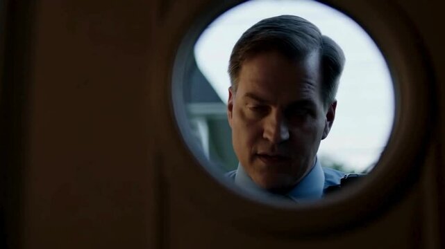 Man Looking Through Door Peephole with Serious Expression