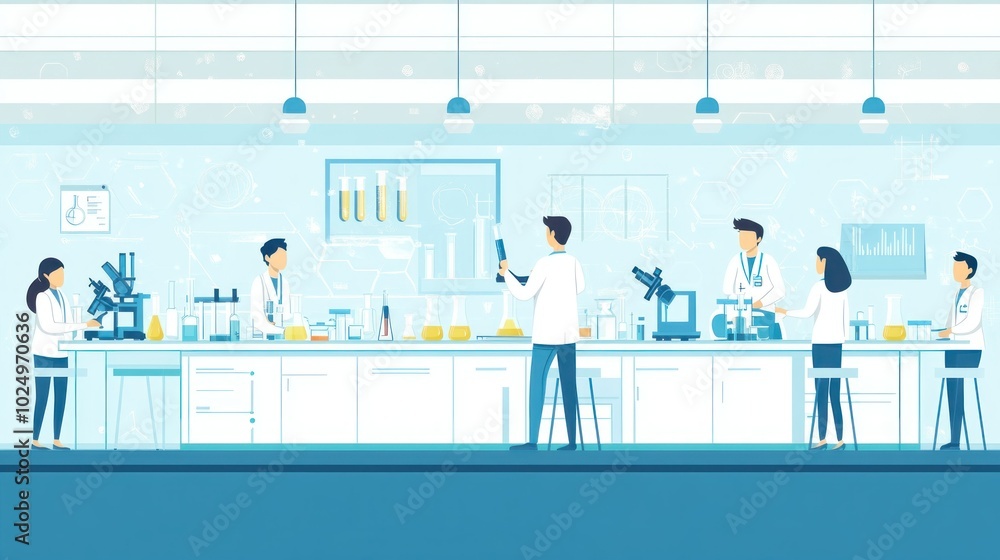 Poster a modern laboratory scene with scientists conducting experiments and using equipment.