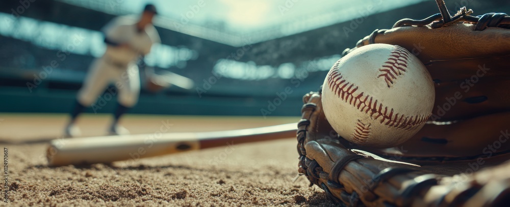 Poster a close-up of a baseball and glove with a blurred player in the background on a field.