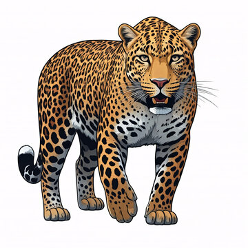 walking leopard with roaring expression  isolated on white background  illustrated  art  cartoon style