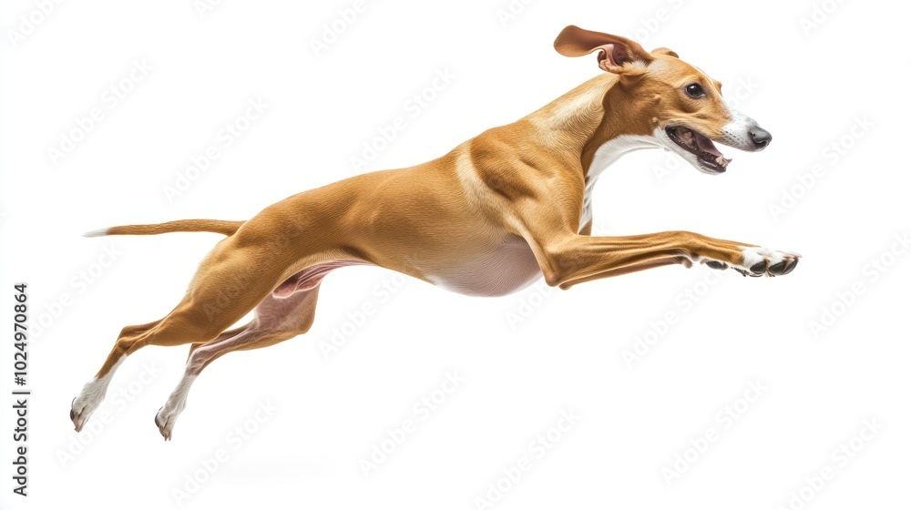 Poster A dog in mid-leap, showcasing agility and playfulness against a white background.