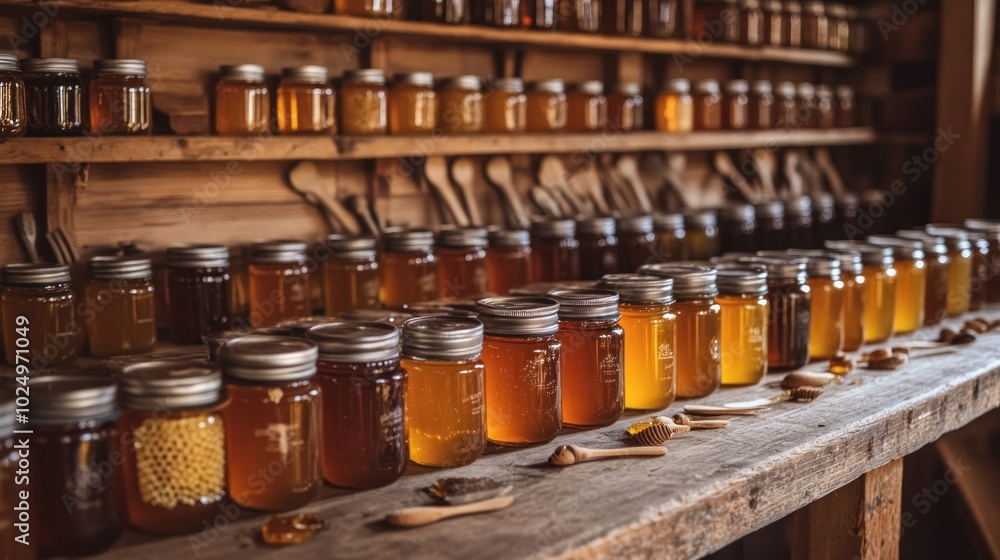 Poster a display of various honey jars on a wooden shelf, showcasing different types and colors.