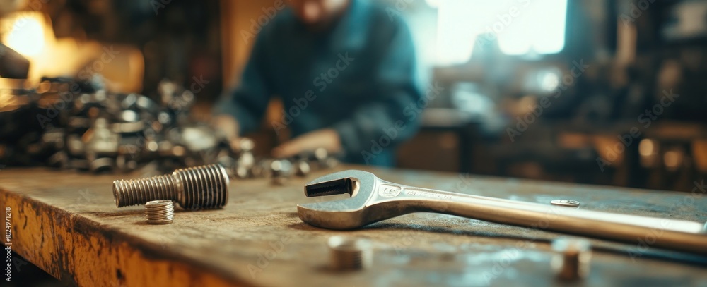 Aufkleber a close-up of a wrench on a workbench with tools in the background, suggesting a workshop setting.