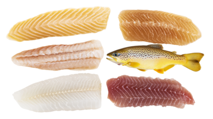 Assorted fish fillets and whole trout isolated on white background, showcasing variety and freshness suitable for culinary use.