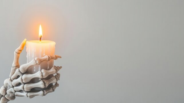 A skeleton s hand holding a glowing candle close up   Creepy and atmospheric for spooky designs   ethereal   Multilayer   Isolated white background