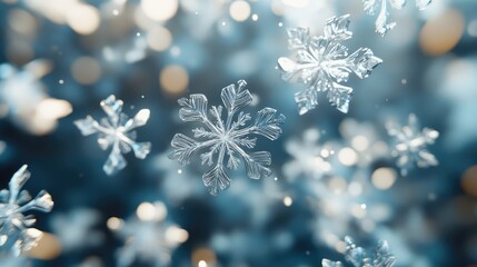 Flying snowflakes abstract 3D rendering. AI generated illustration.