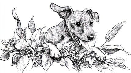 A playful puppy resting among leaves, showcasing a joyful and lively expression.