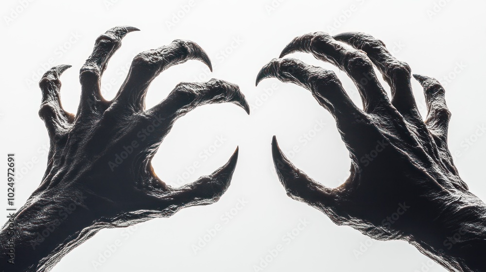 Poster two monstrous hands with sharp claws reaching towards each other against a light background.