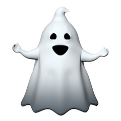 Front view of little happy white cartoon ghost with black mouth and eyes