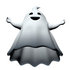 Bottom view of little happy white cartoon ghost with black mouth and eyes