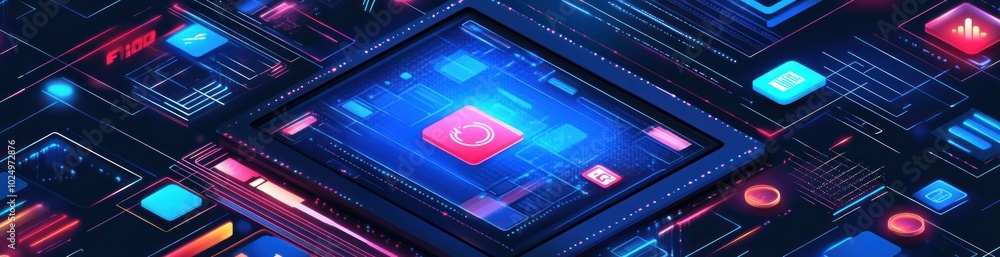 Poster a digital interface featuring vibrant icons and circuits, symbolizing technology and connectivity.