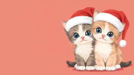 Naklejka premium Cartoon Christmas kittens in Santa's hat. AI generated illustration.