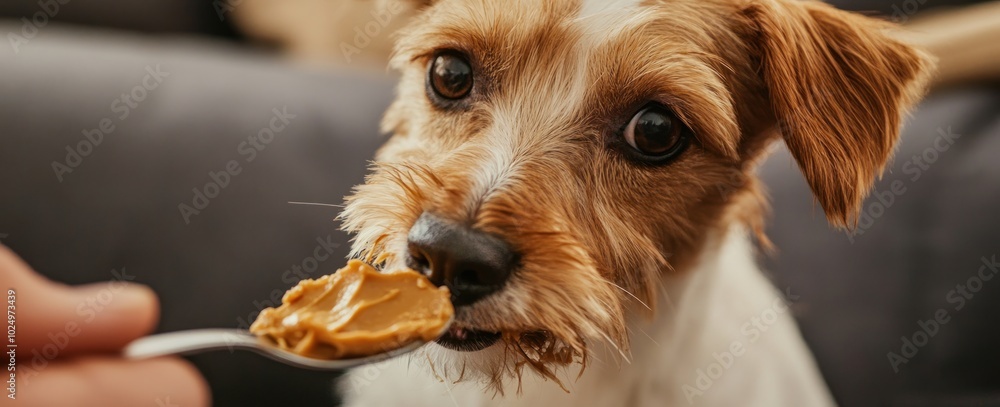 Poster A dog enjoying peanut butter from a spoon, highlighting a playful moment with a pet.