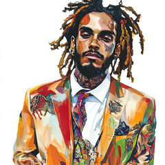 Painting portrait of a Rasta with tattoos wearing a colourful suit 