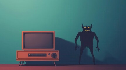 Retro Halloween monster movie marathon, classic horror films playing on an old TV set, spooky shadows in the background