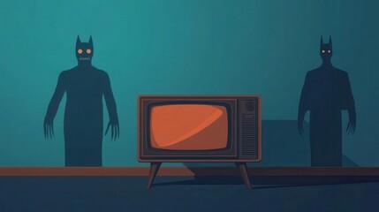 Retro Halloween monster movie marathon, classic horror films playing on an old TV set, spooky shadows in the background