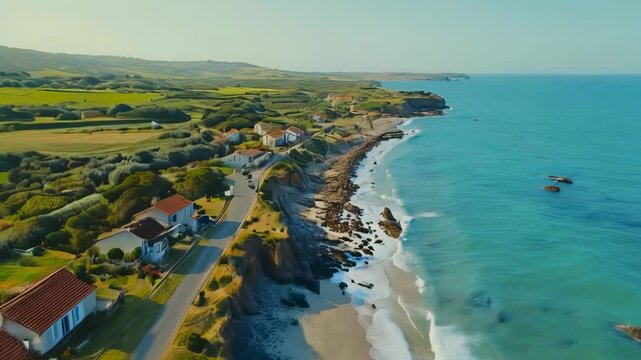 Coastal Village with Houses and Sandy Beach