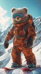 Brown bear in vibrant orange snowsuit stands on snowy mountain holding red backpack. Bear wears matching orange helmet, goggles. Mountain landscape with clear blue sky, fluffy white clouds in