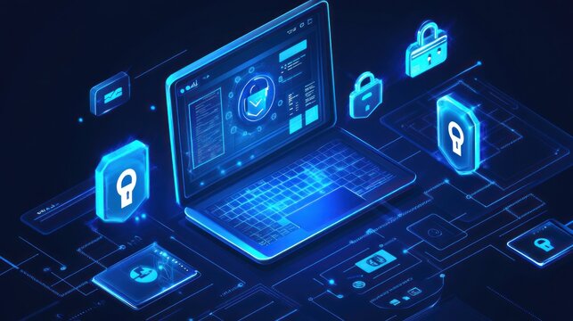 A digital laptop showcasing cybersecurity elements and data protection icons.