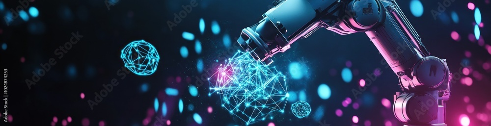 Poster a robotic arm interacts with digital elements, symbolizing advanced technology and innovation.