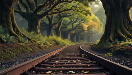 A winding river meandering through a lush, dense forest, with towering trees and vibrant greenery, symbolizing the journey through nature.