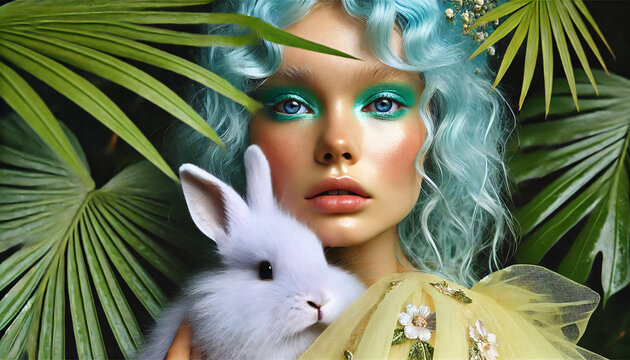 Ethereal woman with blue dyed hair and holding a easter bunny 