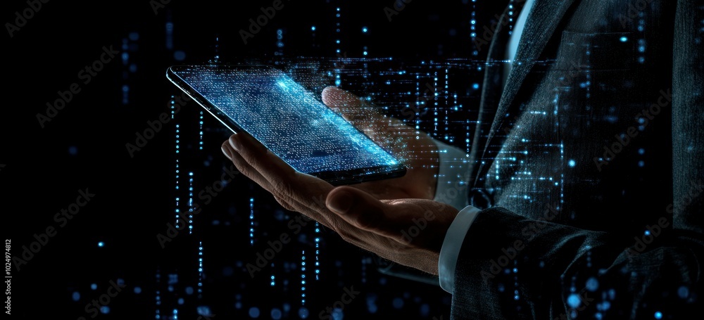Poster a person holding a smartphone with digital effects representing data and technology.