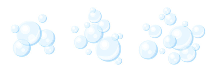 Set of air bubbles in cartoon style. Vector illustration of cute transparent soap bubbles isolated on white background. Blue round bubbles of different sizes: small, medium, large. Foam.