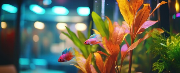 A vibrant aquarium scene featuring colorful fish and lush aquatic plants.