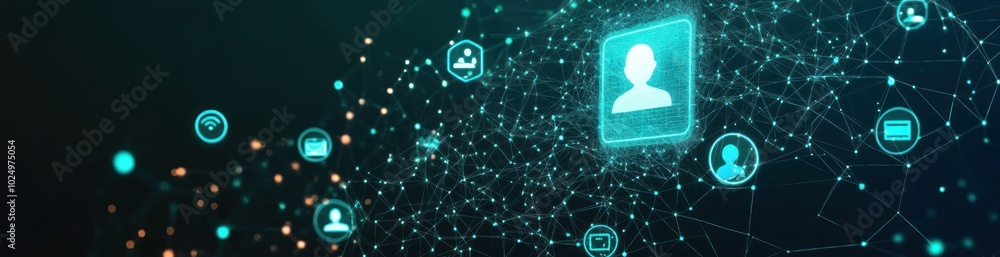 Poster digital network illustration with user icons and connections.