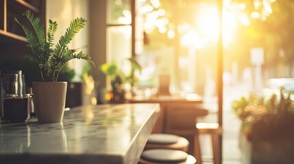 A sunlit café interior featuring a marble countertop and potted plant.