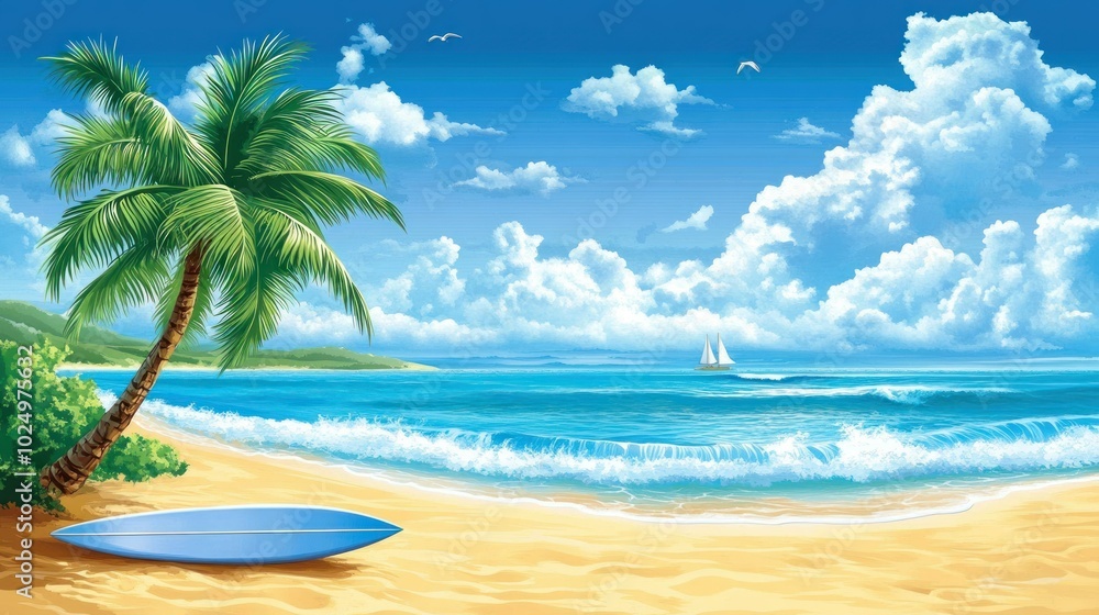 Canvas Prints A serene beach scene with palm trees, waves, and a sailboat under a bright sky.