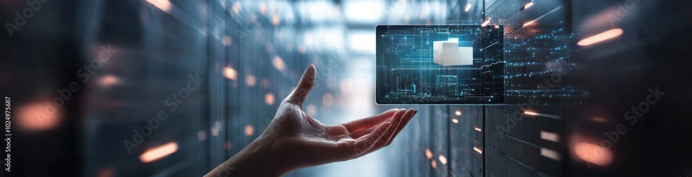 Poster a hand reaching towards a digital folder in a server environment, symbolizing data access.