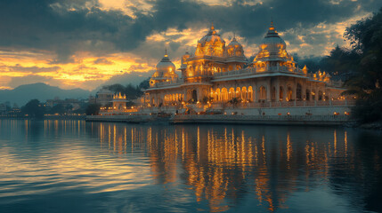 Fototapeta premium Majestic Indian Temple by a Tranquil Lake at Sunset, Reflecting Spiritual Serenity During a Festival
