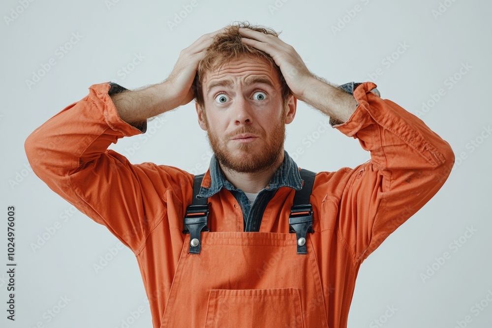 Poster man in an orange jumpsuit is looking up in shock. he has a beard and is wearing a hard hat. confused