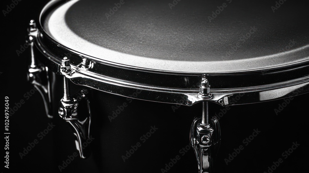 Poster close-up of a drum showcasing its metallic hardware and smooth surface.