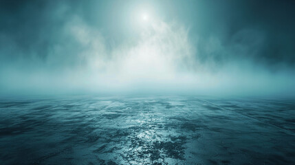 Fototapeta premium Foggy landscape over cracked ice under a glowing sky. Road with empty copy space