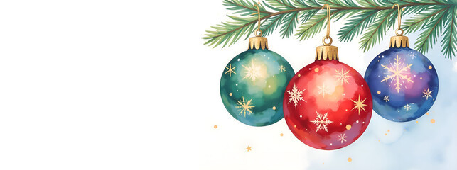 red Christmas balls painted in watercolor, banner for congratulations	