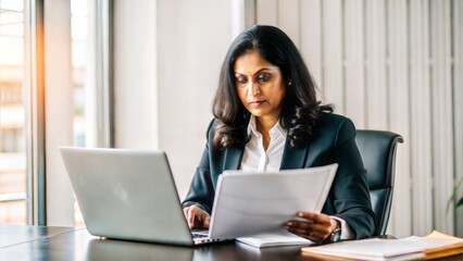 middle aged India professional lawyer sitting at modern office . computer,  focused and reading paper female lawyer in modern office preparing for a case, stacks of files, copy space