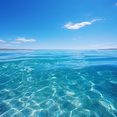 This stunning stock photo showcases the ocean with crystal-clear blue water and sunlight reflecting off the surface. White clouds are present on the horizon against a deep blue sky.