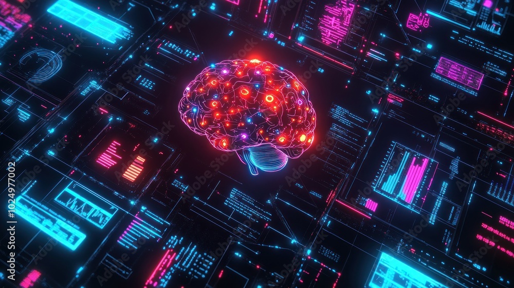 Poster a digital brain illustration surrounded by data visualizations and technology elements.