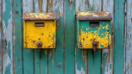  Two yellow & green mailboxes on a green wooden wall, in front of a blue wooden door