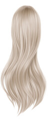 Naklejka premium Elegant blonde wig with long, wavy hair on a transparent background, ideal for fashion and beauty concepts in digital graphics.