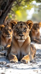 Fototapeta premium Pride of lions resting in the shade of a tree A majestic pride of lions lying lazily in the shade of a large tree in the savannah, enjoying the peace and quiet