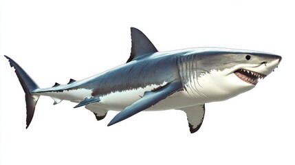 Fototapeta premium A powerful great white shark, isolated on a white background, showing off its sharp teeth and muscular body in sharp detail