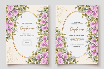 WEDDING INVITATION FRAME WITH FLOWER DECORATIONS AND FRESH LEAVES