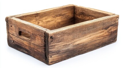 A rustic wooden crate, weathered and natural, isolated on a white background, perfect for showcasing vintage decor or farm themes