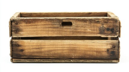 A rustic wooden crate, weathered and natural, isolated on a white background, perfect for showcasing vintage decor or farm themes