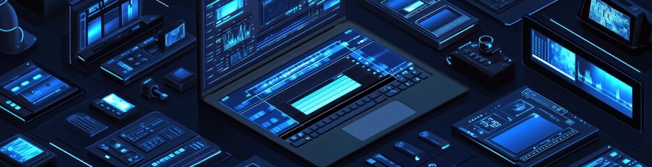 A digital workspace filled with various tech devices and screens displaying data.